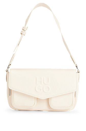 Faux-leather shoulder bag with debossed stacked logo, White