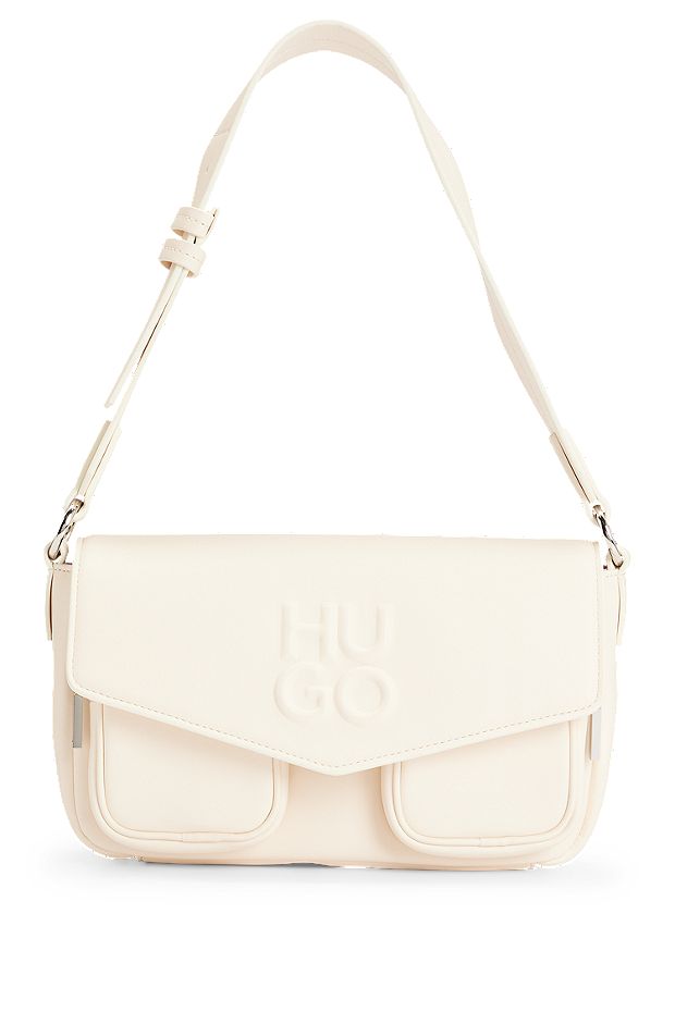Faux-leather shoulder bag with debossed stacked logo, White