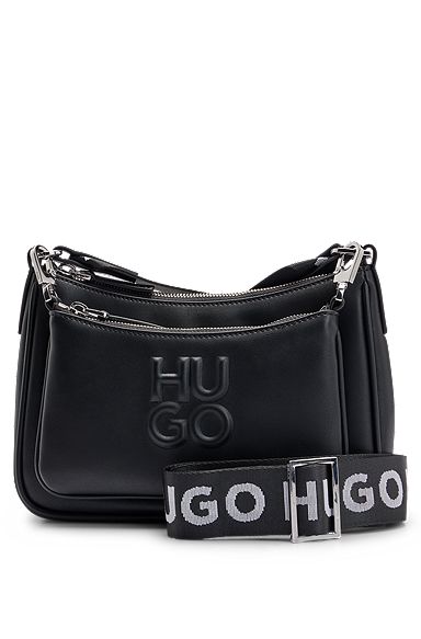 Crossbody bag with detachable pouches and debossed branding, Black