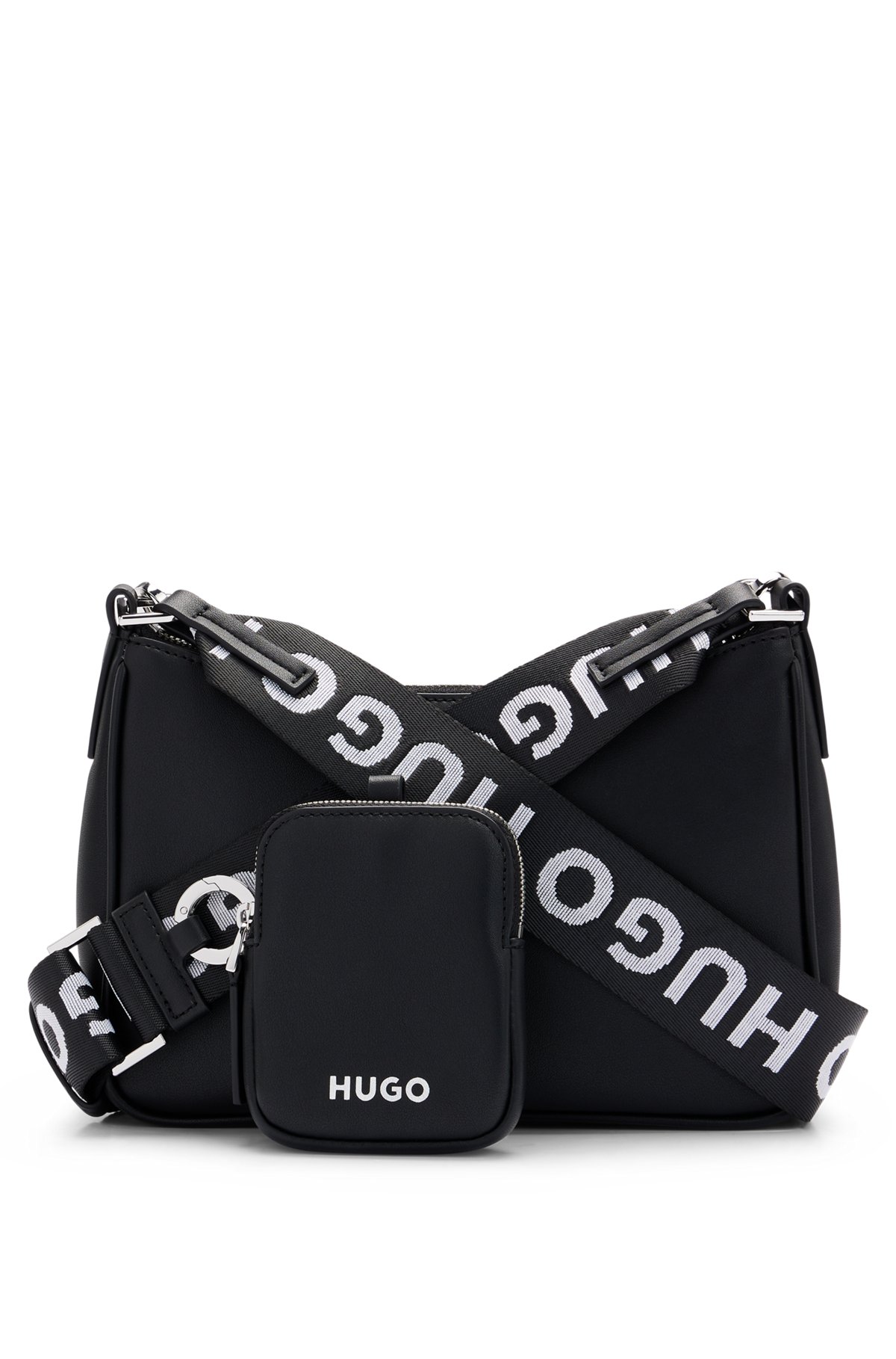 Crossbody bag with detachable pouches and debossed branding, Black