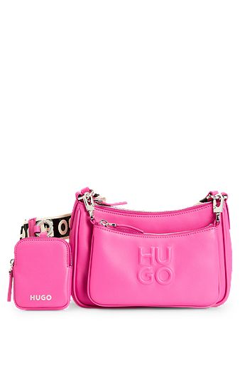 Crossbody bag with detachable pouches and debossed branding, Pink