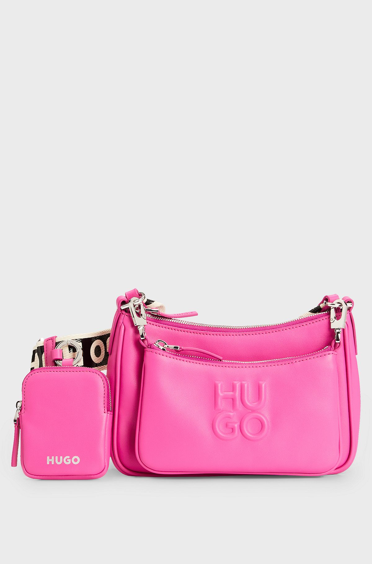 Crossbody bag with detachable pouches and debossed branding, Pink