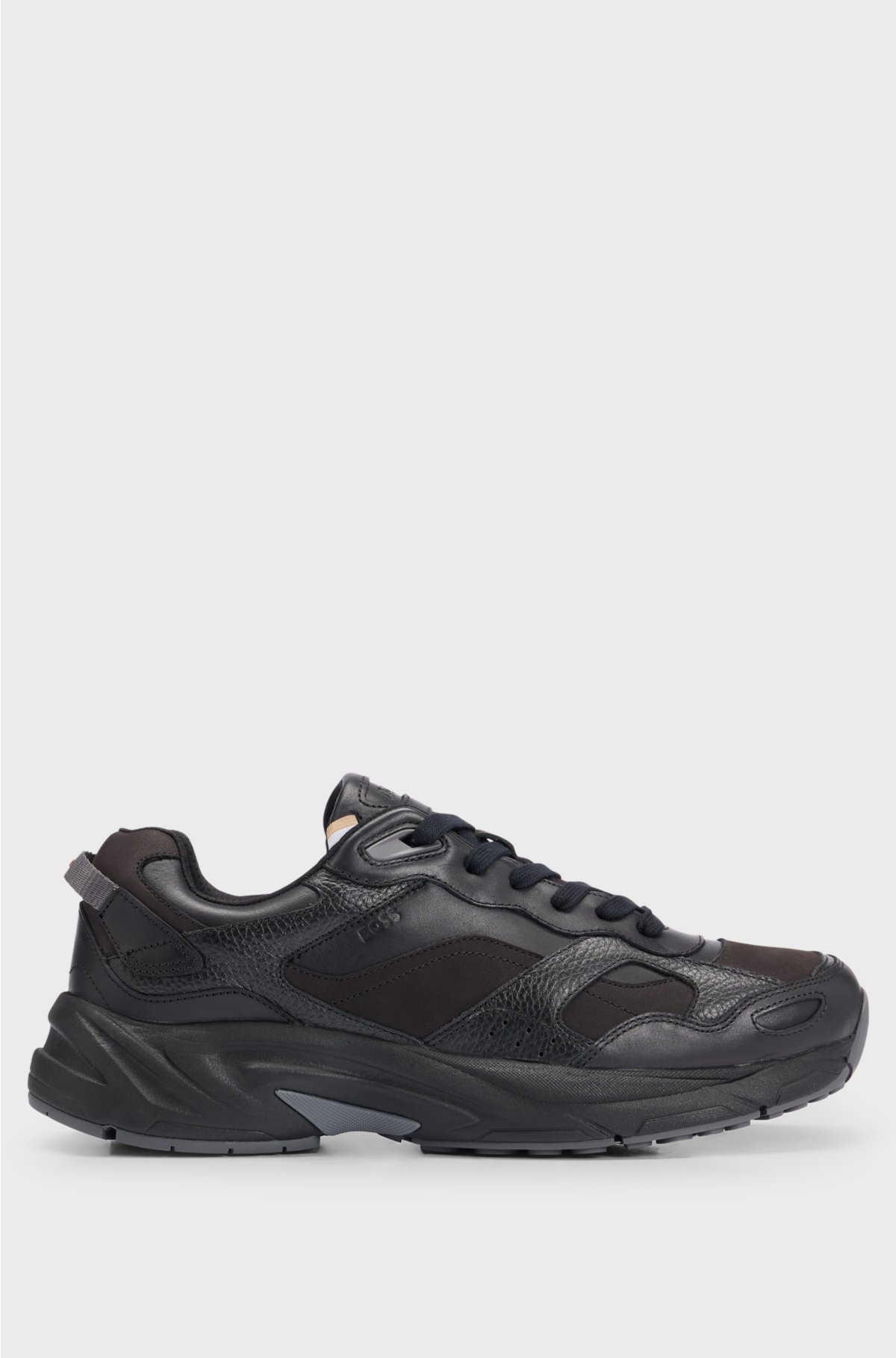 Running-inspired trainers in mixed leathers, Black
