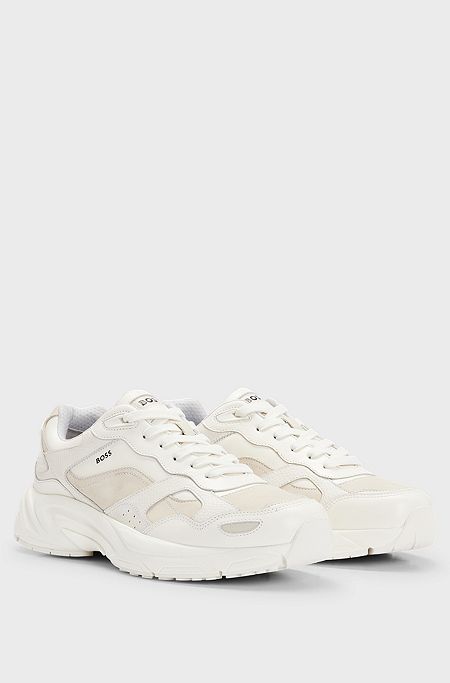 Running-inspired trainers in mixed leathers, White