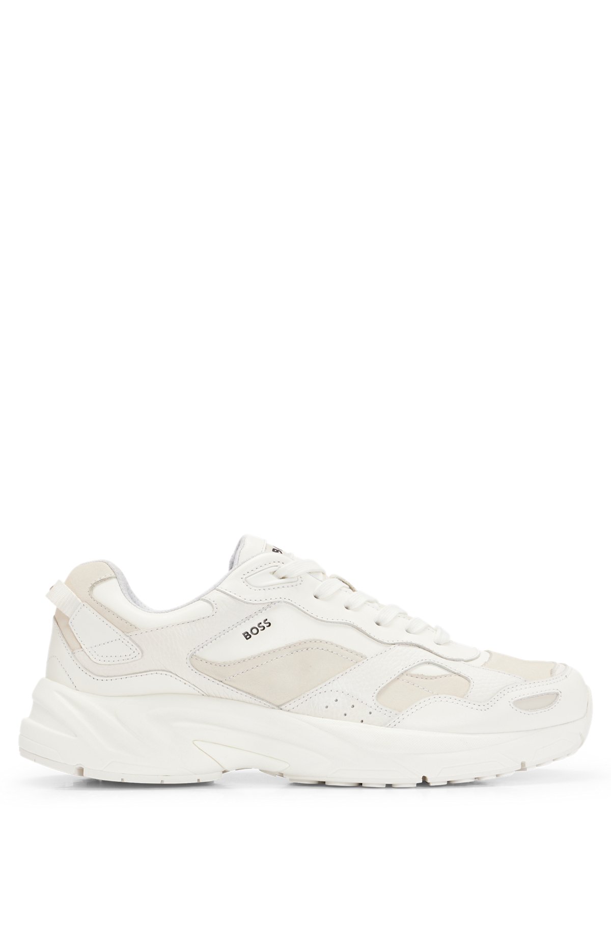Running-inspired trainers in mixed leathers, White