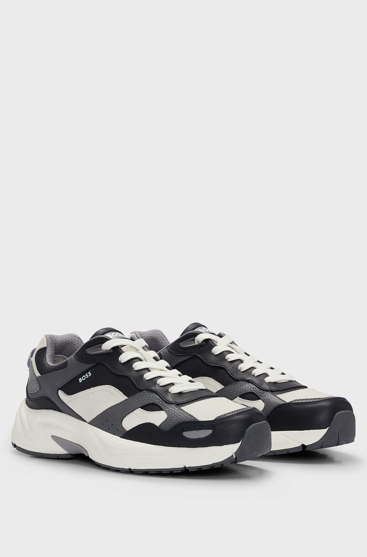 Running-inspired trainers in mixed leathers, Patterned