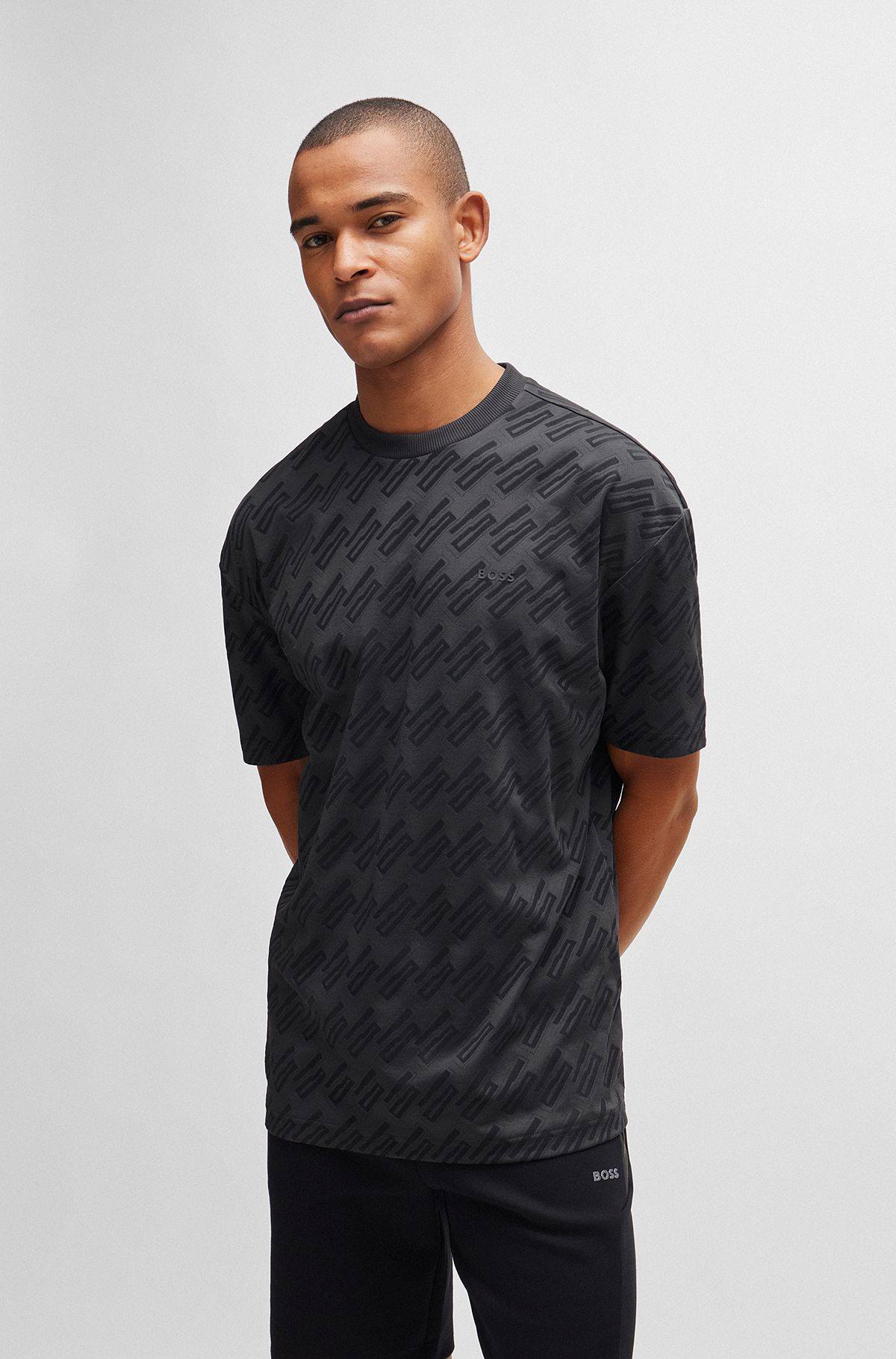 Relaxed-fit T-shirt with all-over monogram jacquard, Dark Grey