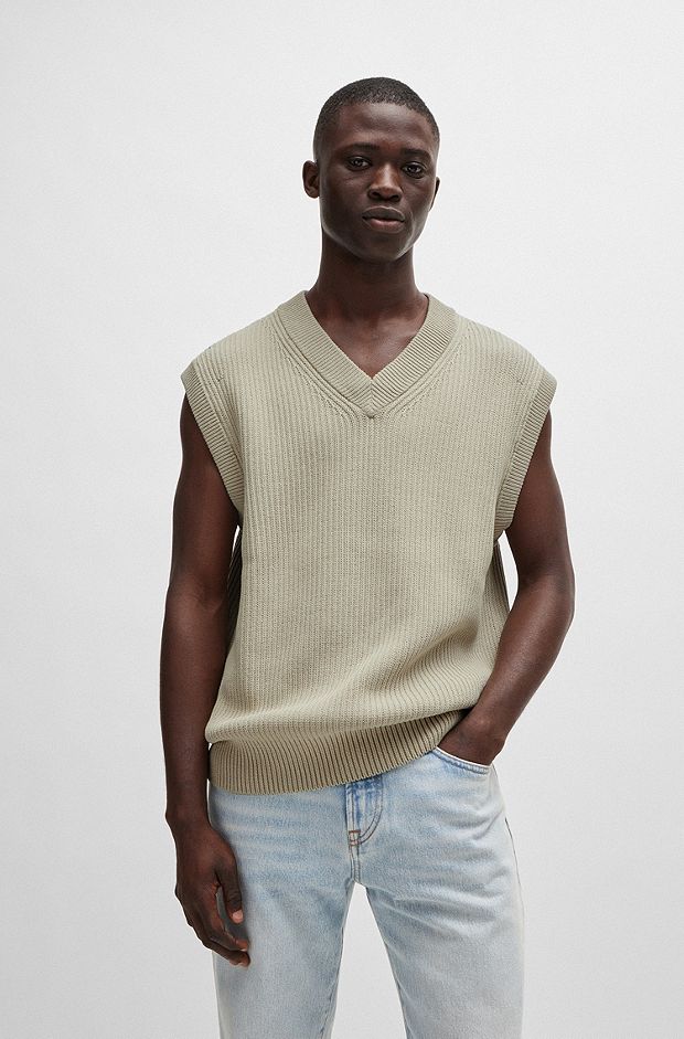 Relaxed-fit sleeveless sweater in ribbed cotton, Natural
