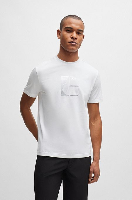 T-shirt i bomuld med stræk og metallisk grafik, Hvid