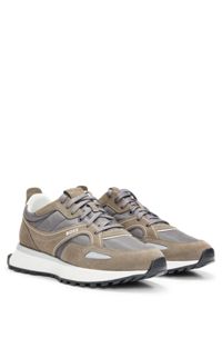 Mixed-material trainers with suede and branded trims, Light Brown