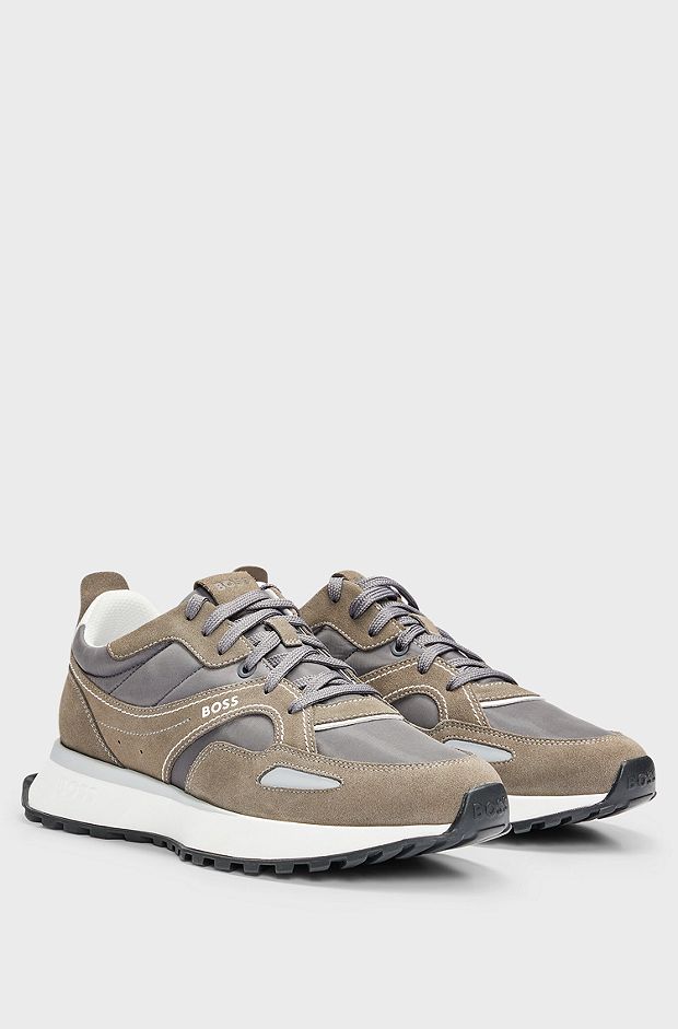 Mixed-material trainers with suede and branded trims, Light Brown