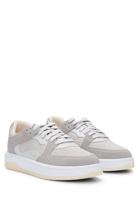 Low-top trainers in suede with logo details, Light Grey