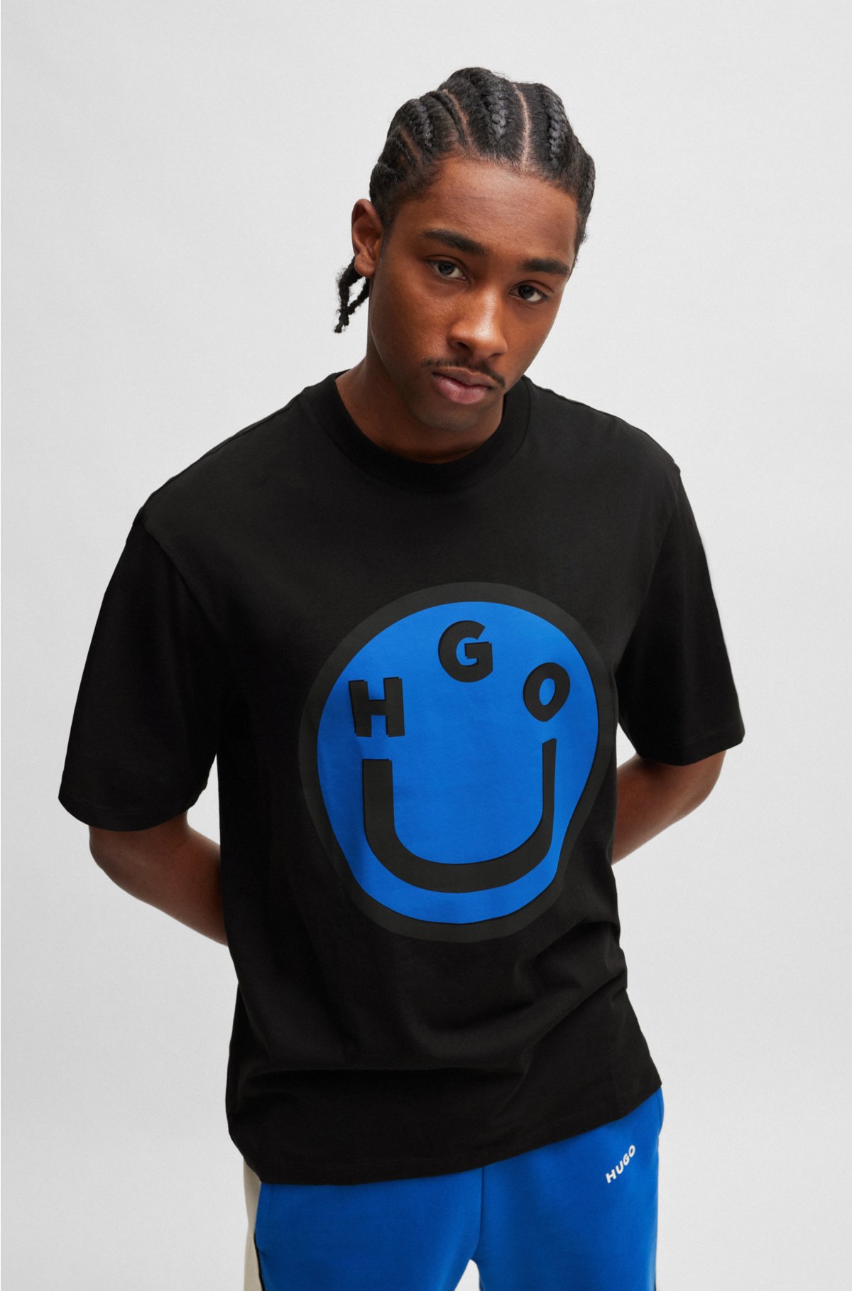 Cotton-jersey T-shirt with happy logo artwork, Black