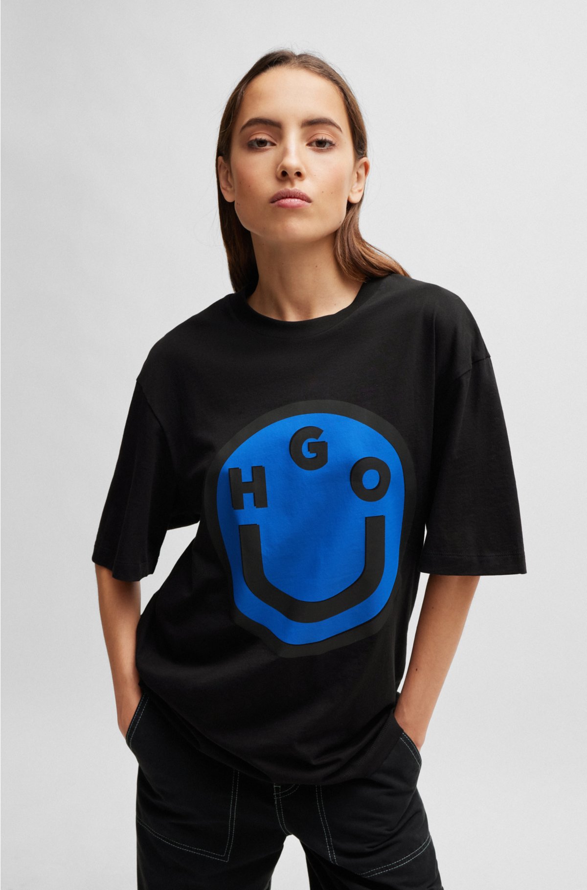 Cotton-jersey T-shirt with happy logo artwork, Black