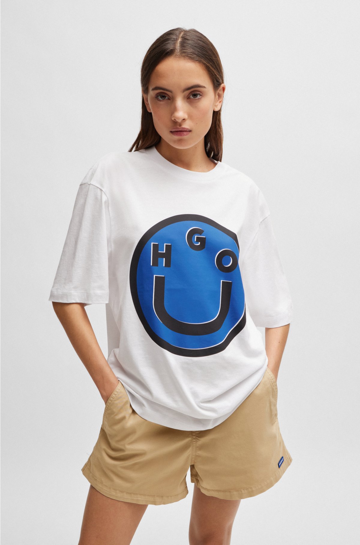 Cotton-jersey T-shirt with happy logo artwork, White