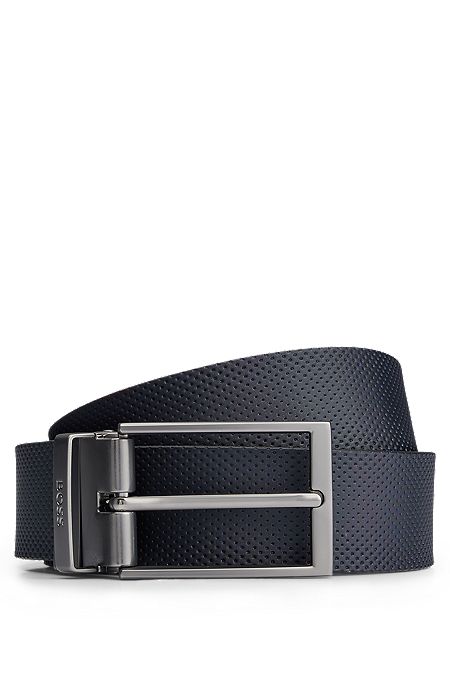 Italian-leather belt with embossed pattern and polished hardware, Dark Blue