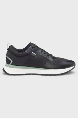 Mixed-material trainers with mesh details and branding, Black