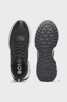 Mixed-material trainers with mesh details and branding, Black