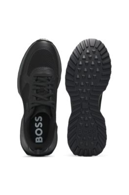Mixed-material trainers with mesh details and branding, Black