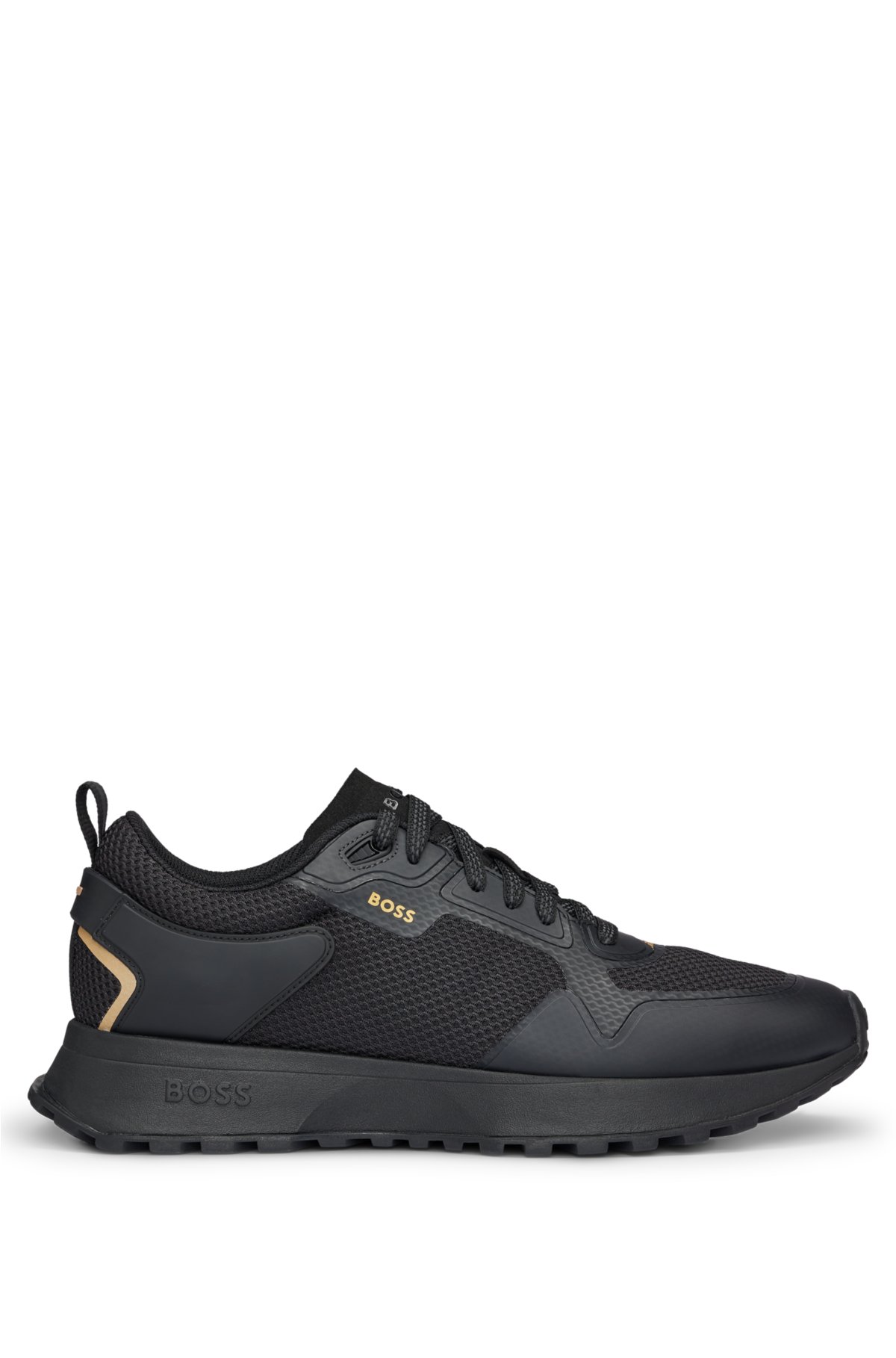 Mixed-material trainers with mesh details and branding, Black