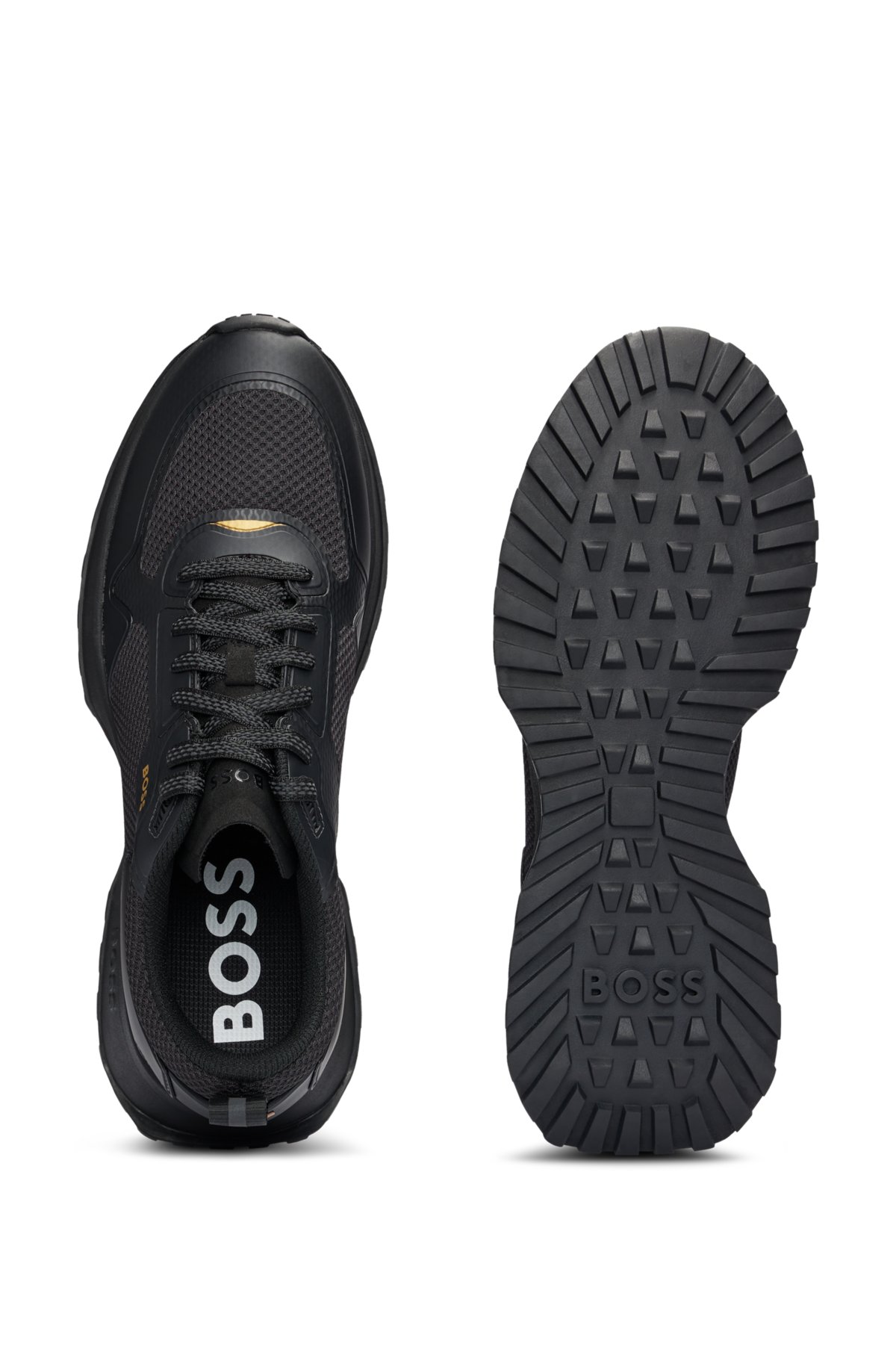 Mixed-material trainers with mesh details and branding, Black