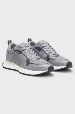 Mixed-material trainers with mesh details and branding, Grey