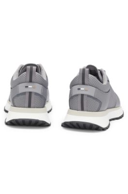 Mixed-material trainers with mesh details and branding, Grey