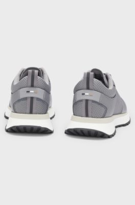 Mixed-material trainers with mesh details and branding, Grey