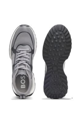 Mixed-material trainers with mesh details and branding, Grey