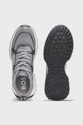 Mixed-material trainers with mesh details and branding, Grey