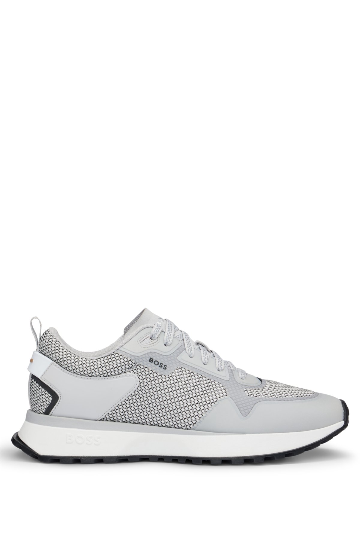 Mixed-material trainers with mesh details and branding, White
