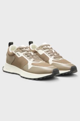 Mixed-material trainers with mesh details and branding, Beige