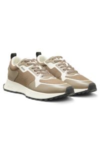 Mixed-material trainers with mesh details and branding, Beige