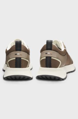 Mixed-material trainers with mesh details and branding, Beige