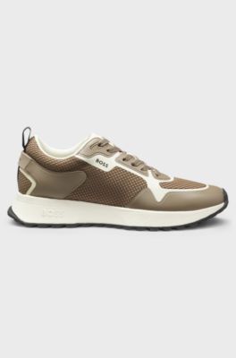 Mixed-material trainers with mesh details and branding, Beige