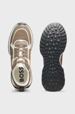 Mixed-material trainers with mesh details and branding, Beige
