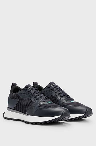 Mixed-material trainers with mesh details and branding, Dark Blue