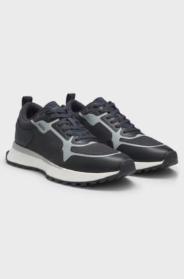 Mixed-material trainers with mesh details and branding, Dark Blue