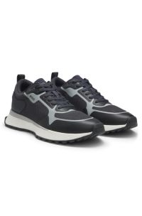 Mixed-material trainers with mesh details and branding, Dark Blue