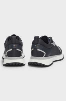 Mixed-material trainers with mesh details and branding, Dark Blue