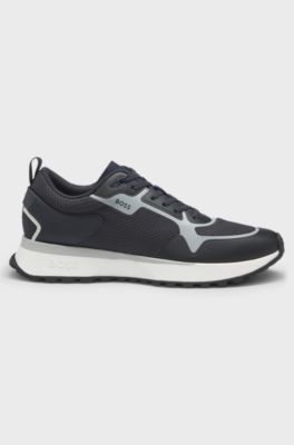 Mixed-material trainers with mesh details and branding, Dark Blue