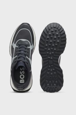 Mixed-material trainers with mesh details and branding, Dark Blue