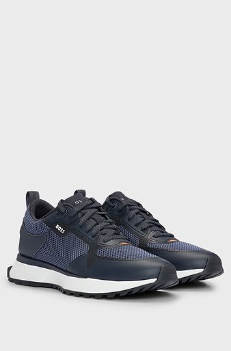 Mixed-material trainers with mesh details and branding, Dark Blue