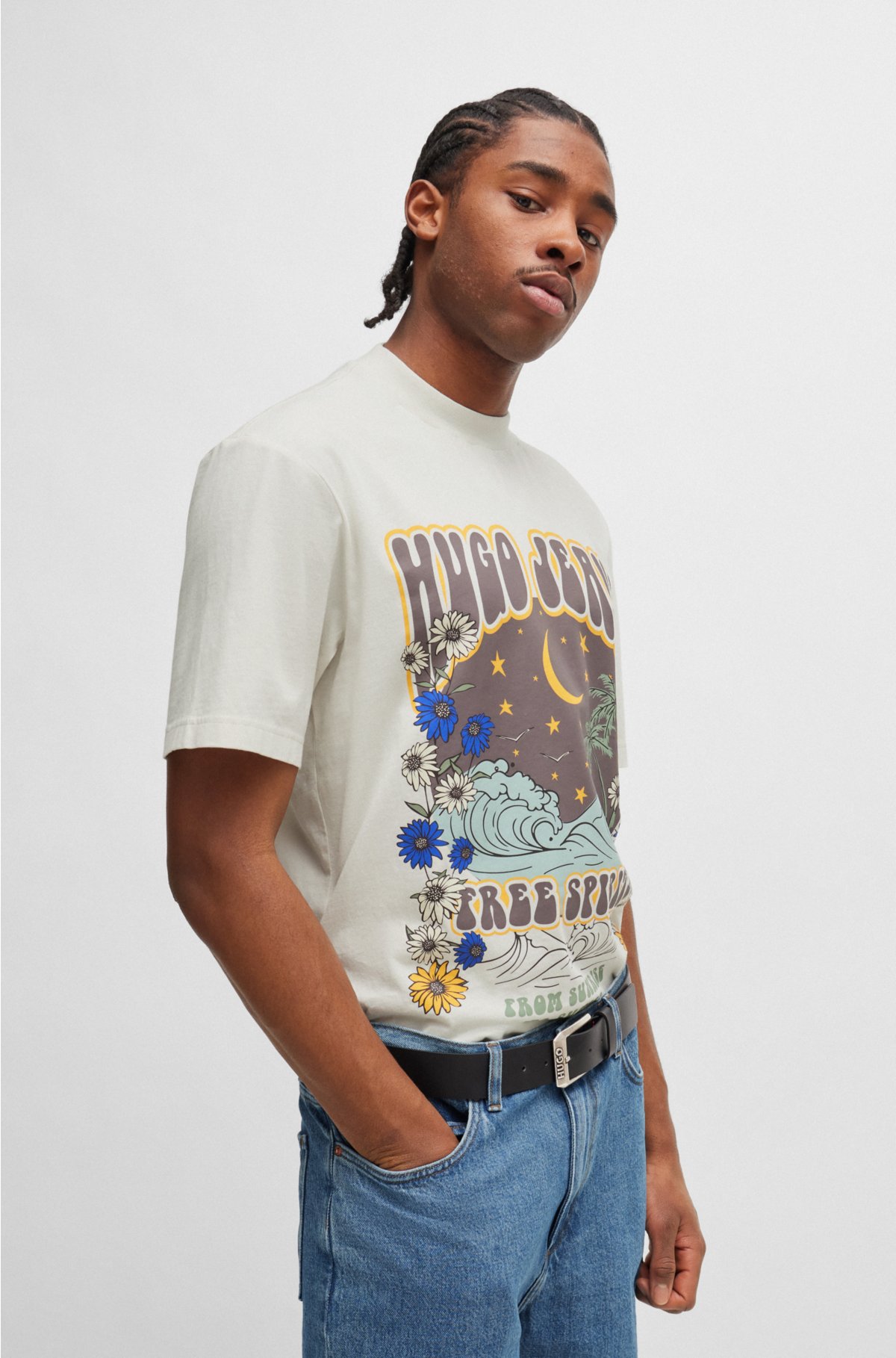 Cotton-jersey T-shirt with retro artwork, Natural