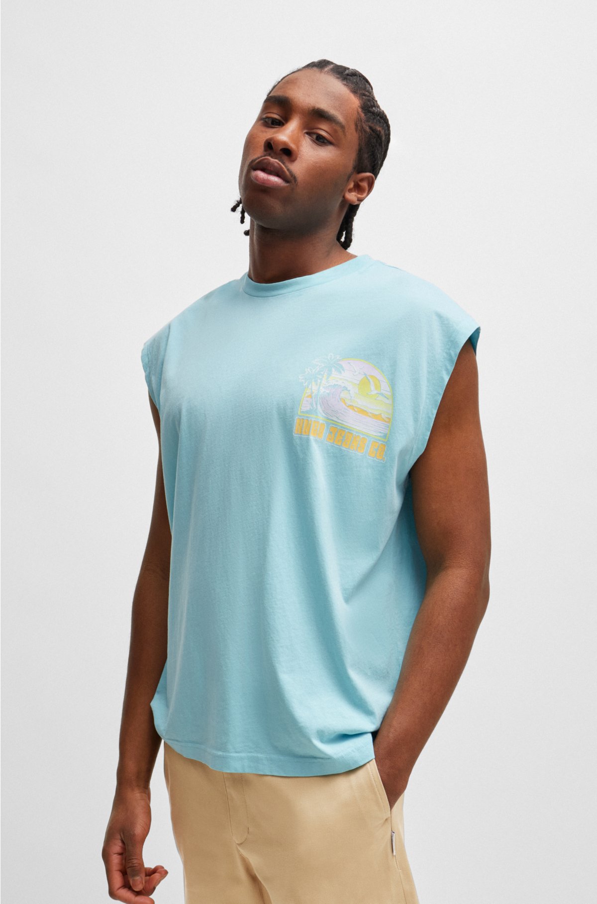 Sleeveless cotton-jersey T-shirt with summery artwork, Turquoise