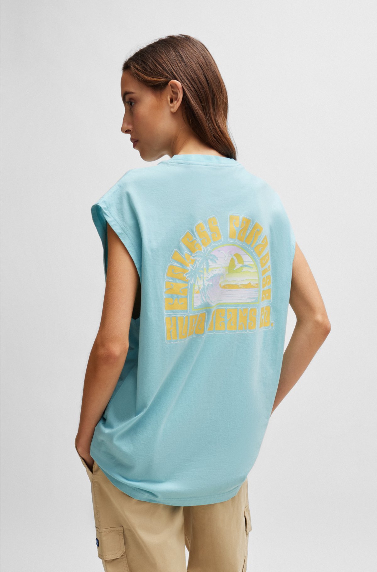 Sleeveless cotton-jersey T-shirt with summery artwork, Turquoise