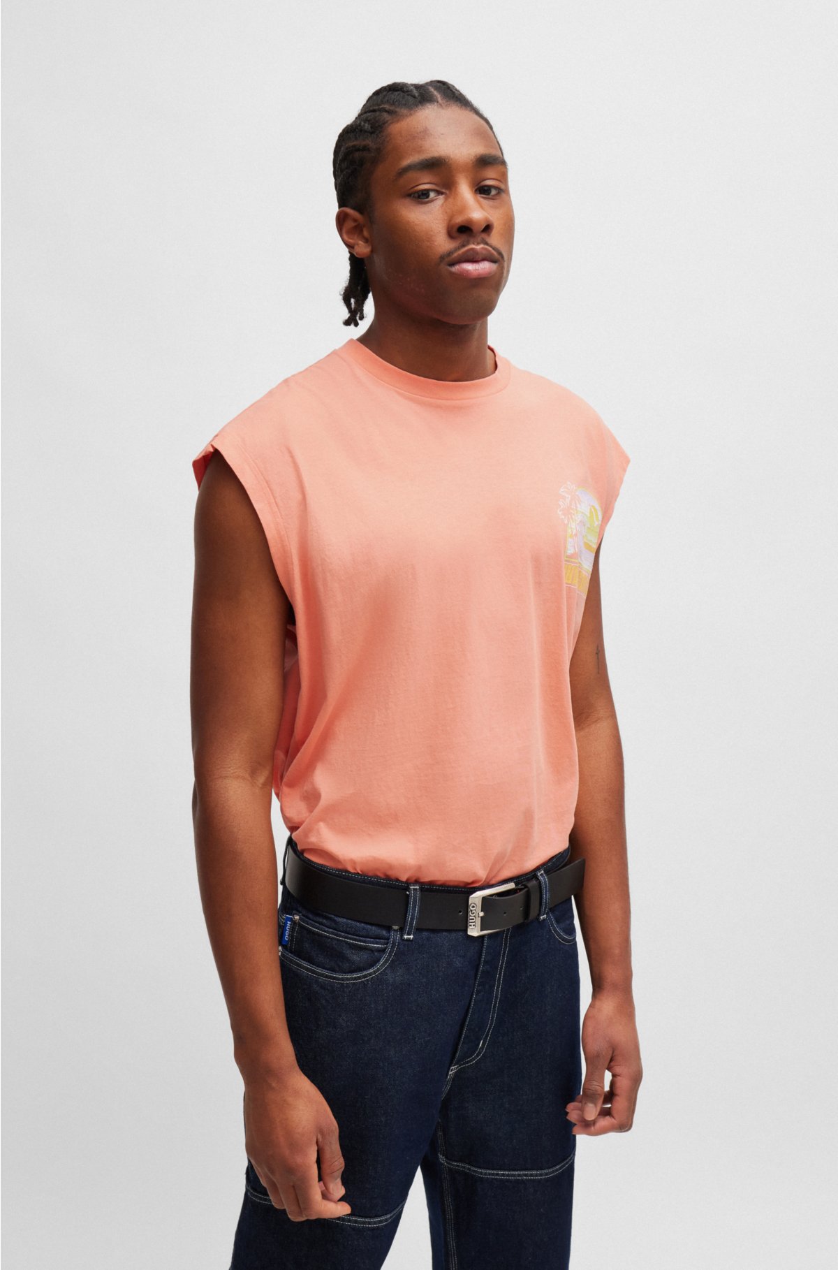Sleeveless cotton-jersey T-shirt with summery artwork, Coral