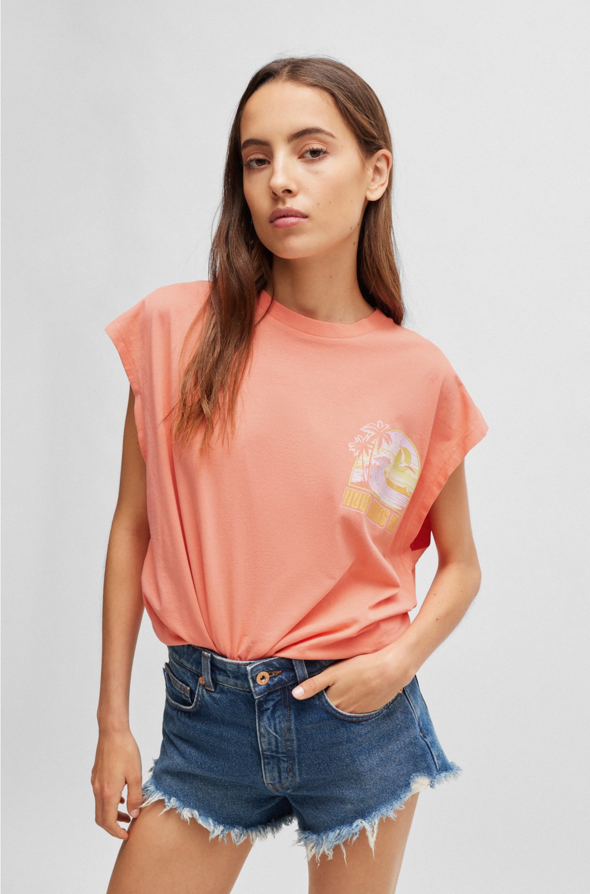Sleeveless cotton-jersey T-shirt with summery artwork, Coral