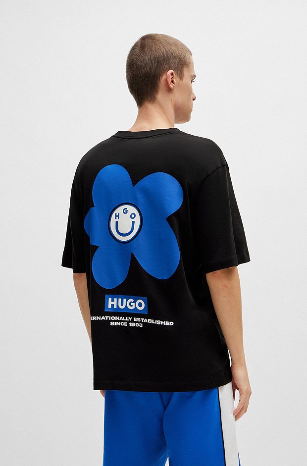 Cotton-jersey T-shirt with flower logo artwork, Black