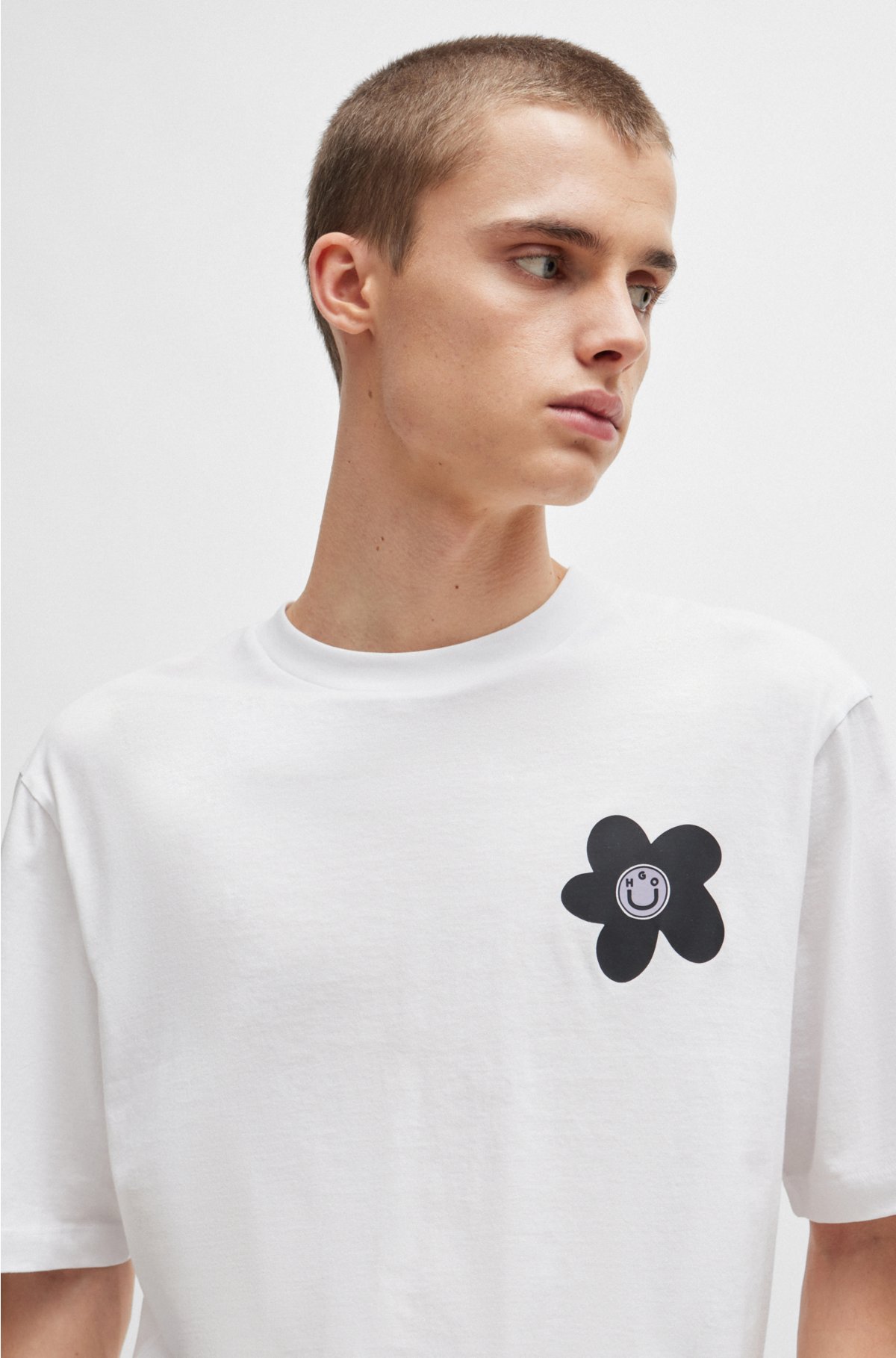 Cotton-jersey T-shirt with flower logo artwork, White